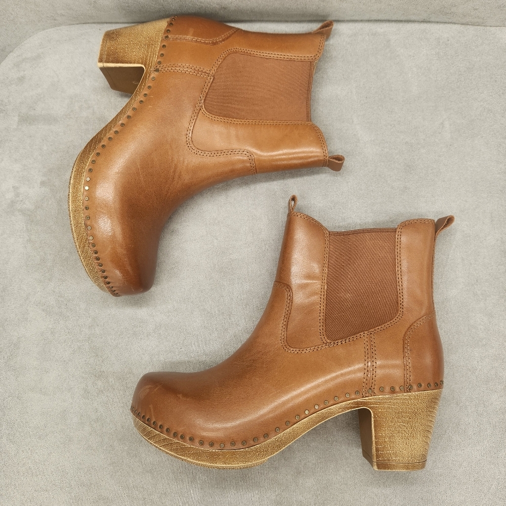 Dansko Ankle Boots 10 Tan Leather Shayna Clogs Scandinavian Boho Chunky New $190
